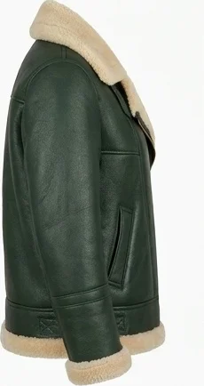 Women’s Forest Green Shearling Lined Leather Jacket - Image 4