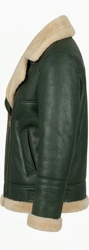 Women’s Forest Green Shearling Lined Leather Jacket - Image 5