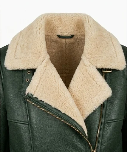 Women’s Forest Green Shearling Lined Leather Jacket - Image 6