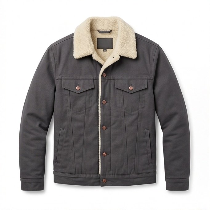 Men's Charcoal Gray Canvas Shearling Trucker Jacket - Image 5