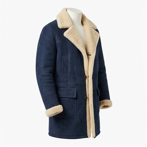 Men’s Navy Blue Long Suede Shearling Coat - Image 6