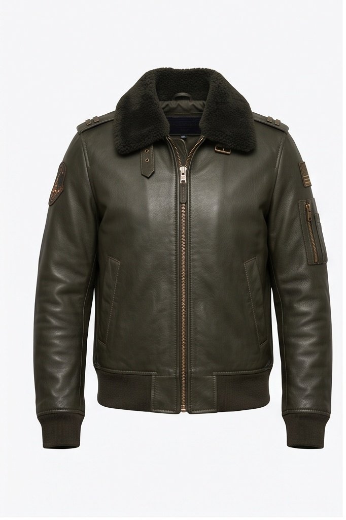 Women's Olive Green Aviator Flight Jacket with Fur Collar - Image 10