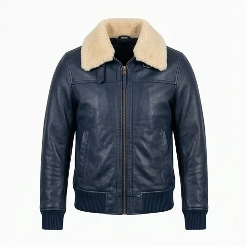 Women’s Navy Blue Aviator Leather Jacket with Shearling Collar - Image 2
