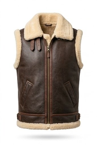 Men's Dark Brown Shearling Vest with Cream Wool Collar - Image 7