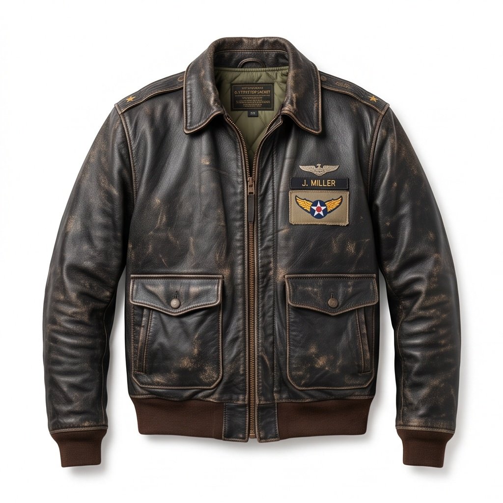 Men’s Vintage Distressed Black Leather Flight Jacket - Image 4