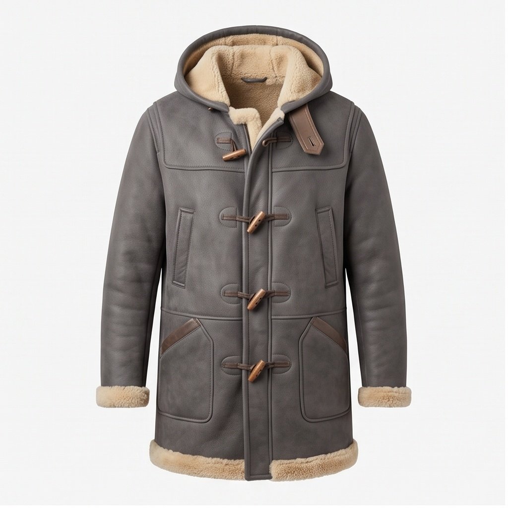 Men’s Charcoal Grey Hooded Shearling Duffle Coat - Image 5