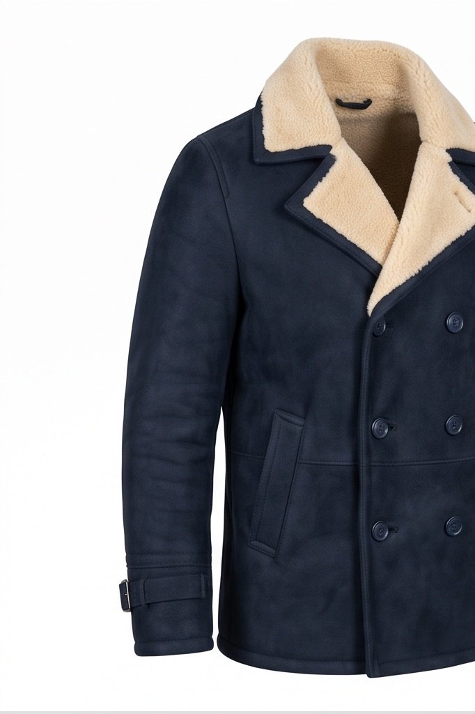 Navy Blue Shearling Lined Double-Breasted Peacoat for Men - Image 8
