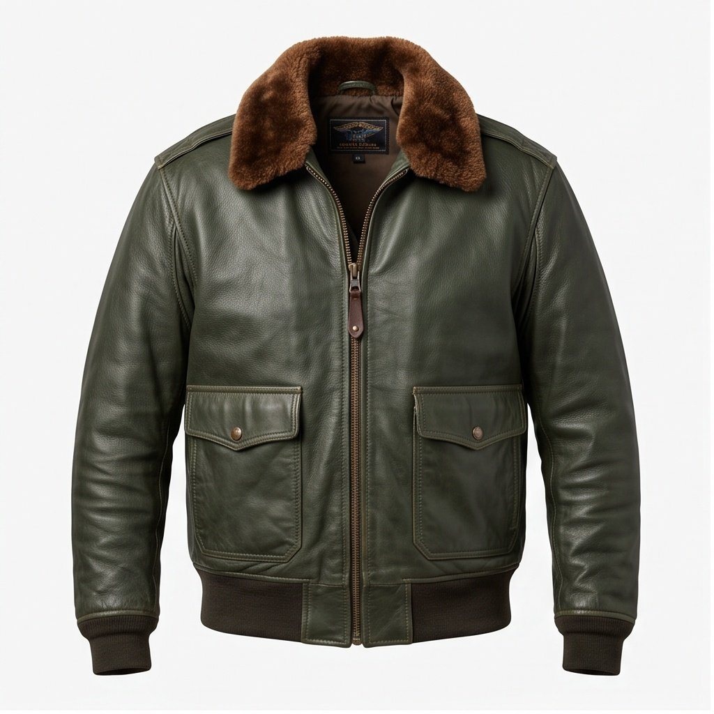 Men's Olive Green Aviator Leather Jacket - Image 6