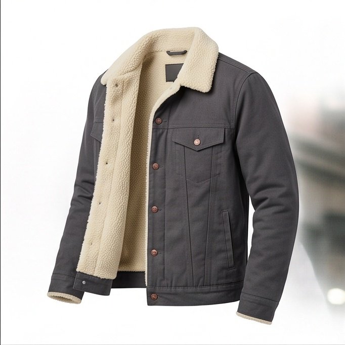 Men's Charcoal Gray Canvas Shearling Trucker Jacket - Image 4