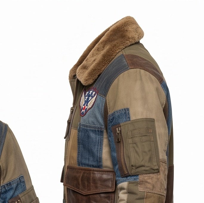 Men's Patchwork Flight Bomber Jacket with Shearling Collar - Image 5