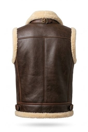 Men's Dark Brown Shearling Vest with Cream Wool Collar - Image 6