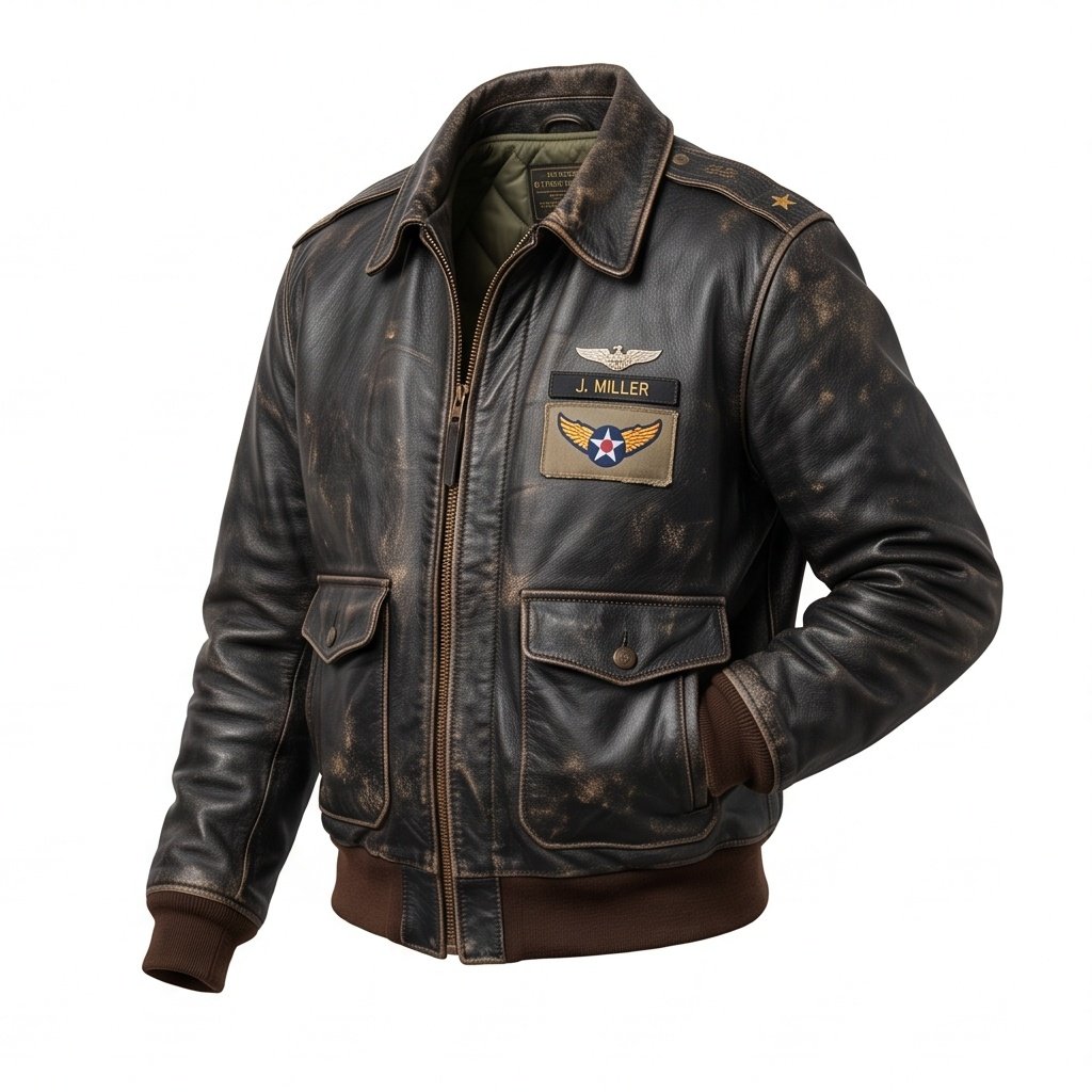 Men’s Vintage Distressed Black Leather Flight Jacket - Image 3