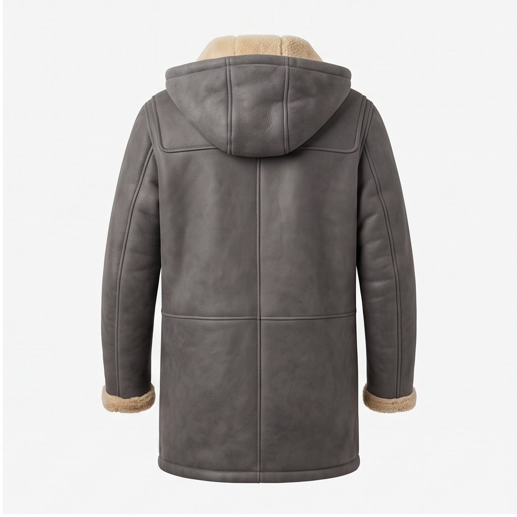 Men’s Charcoal Grey Hooded Shearling Duffle Coat - Image 4
