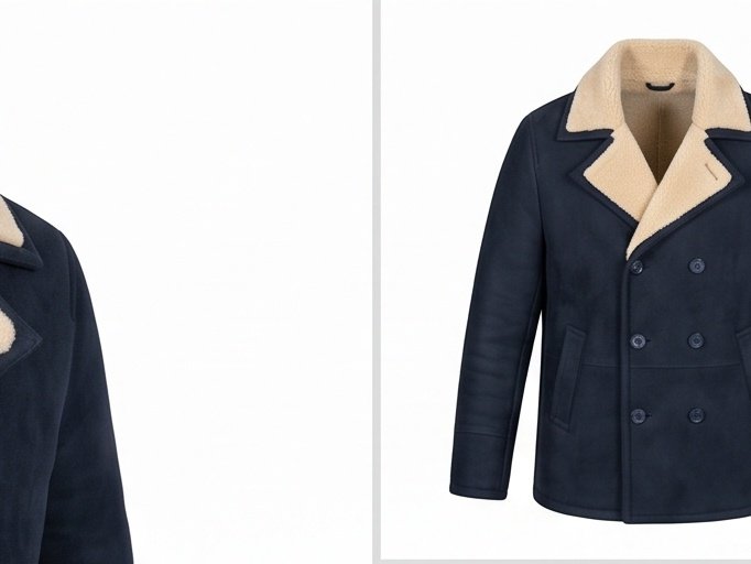 Navy Blue Shearling Lined Double-Breasted Peacoat for Men - Image 7