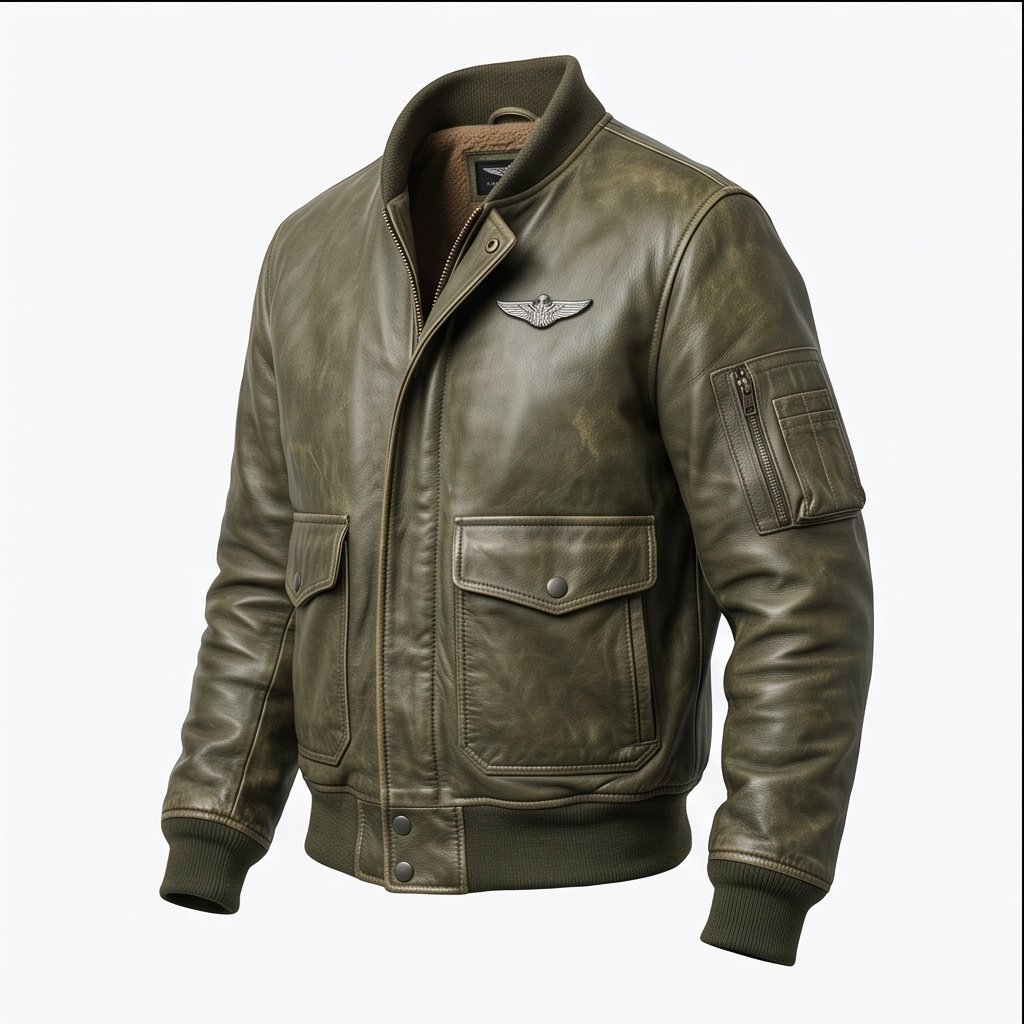 Women's Olive Green Aviator Flight Jacket with Fur Collar - Image 3
