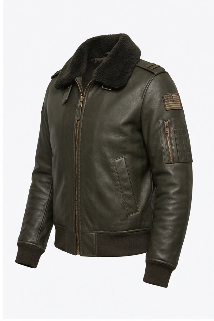 Women's Olive Green Aviator Flight Jacket with Fur Collar - Image 8