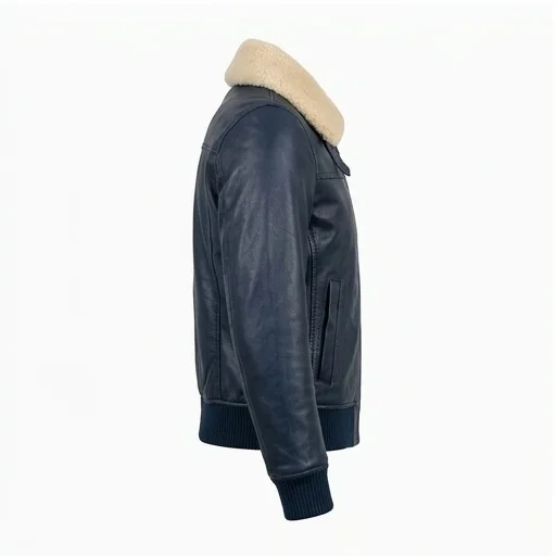 Women’s Navy Blue Aviator Leather Jacket with Shearling Collar - Image 4
