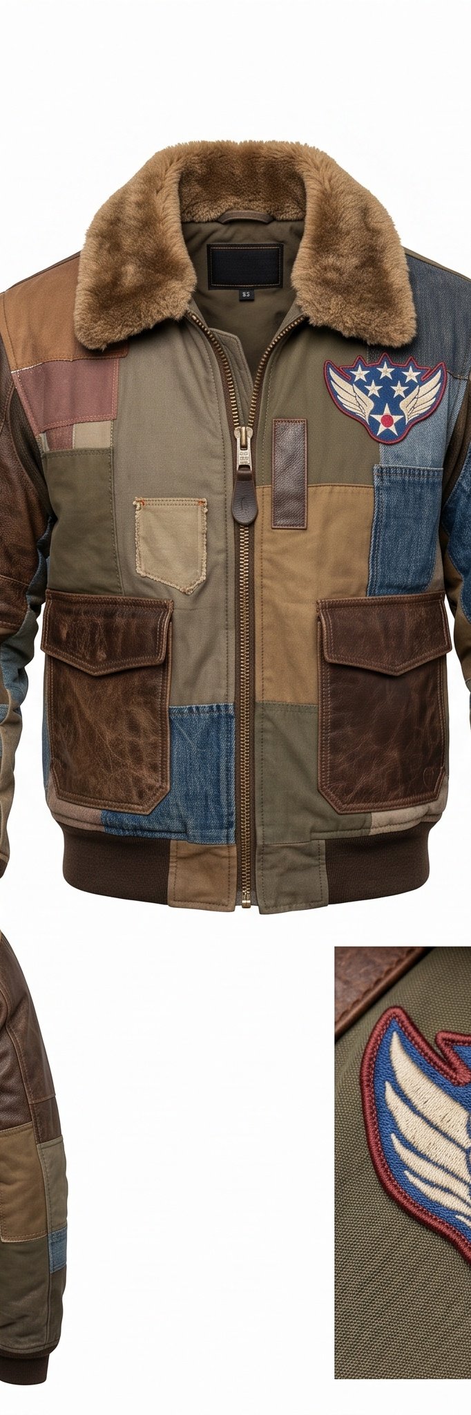 Men's Patchwork Flight Bomber Jacket with Shearling Collar - Image 4