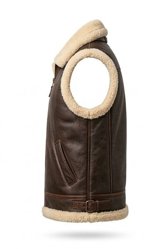 Men's Dark Brown Shearling Vest with Cream Wool Collar - Image 5