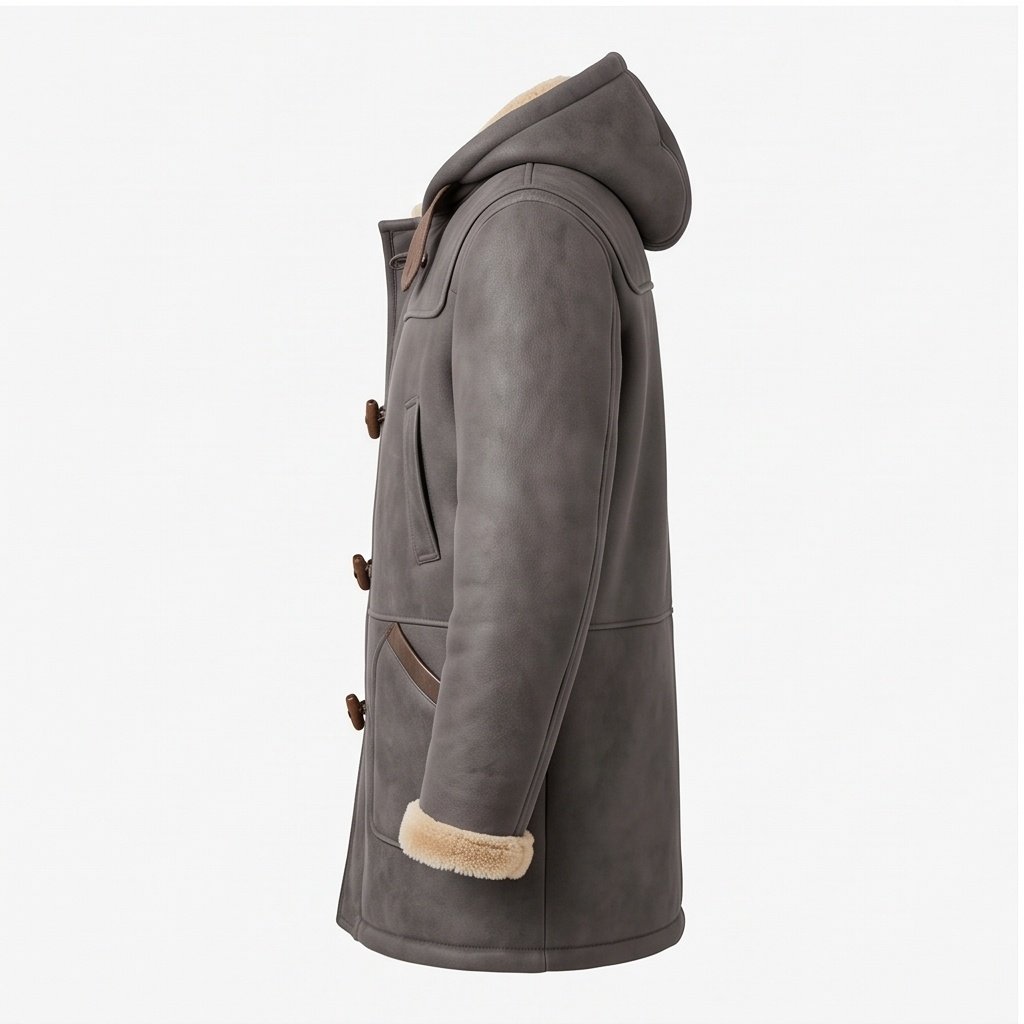 Men’s Charcoal Grey Hooded Shearling Duffle Coat - Image 3