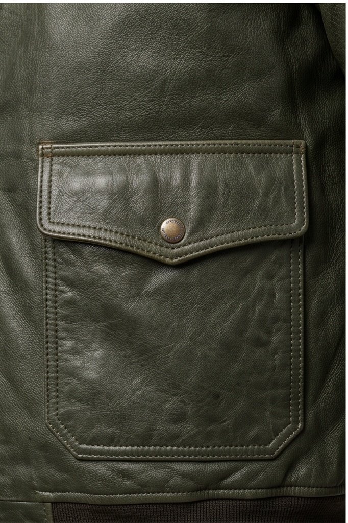 Men's Olive Green Aviator Leather Jacket - Image 4