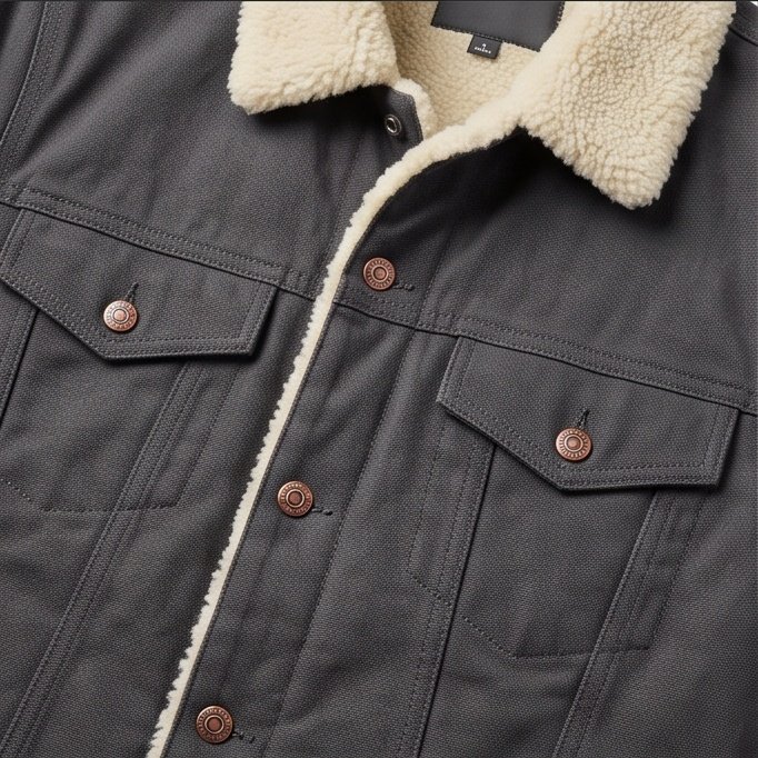 Men's Charcoal Gray Canvas Shearling Trucker Jacket - Image 3