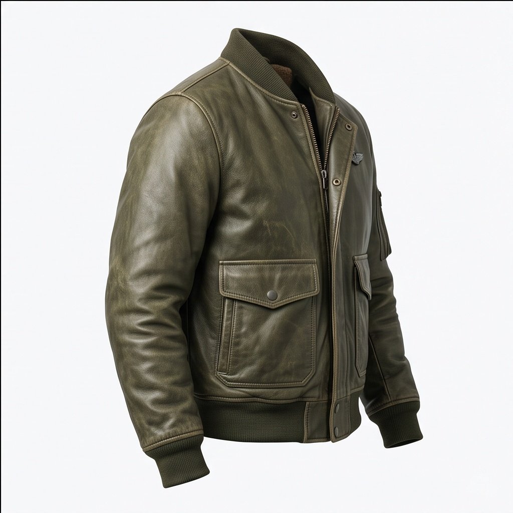 Women's Olive Green Aviator Flight Jacket with Fur Collar - Image 2