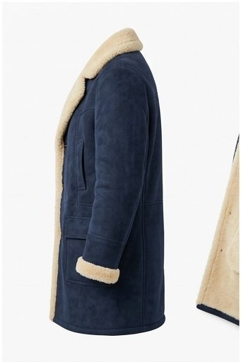 Men’s Navy Blue Long Suede Shearling Coat - Image 3