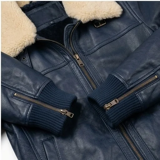 Women’s Navy Blue Aviator Leather Jacket with Shearling Collar - Image 5