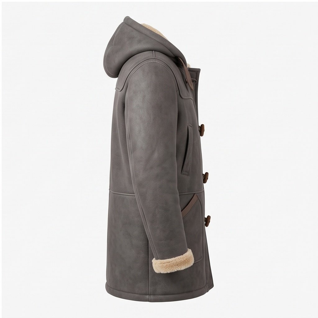 Men’s Charcoal Grey Hooded Shearling Duffle Coat - Image 2