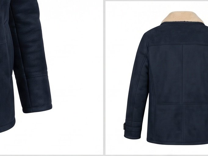 Navy Blue Shearling Lined Double-Breasted Peacoat for Men - Image 5