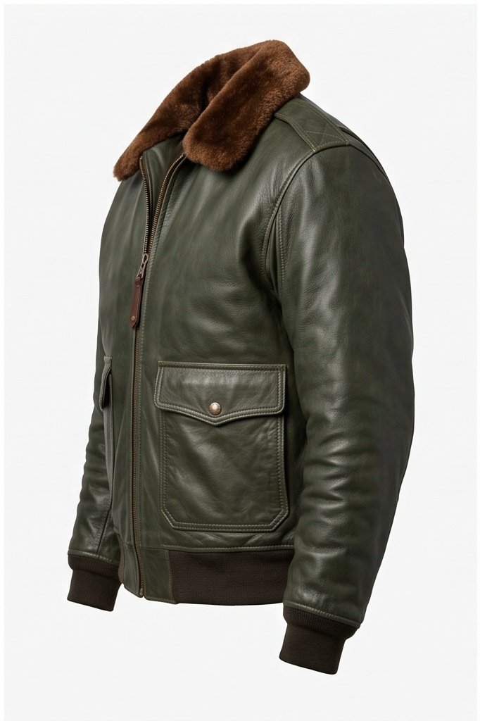 Men's Olive Green Aviator Leather Jacket - Image 3