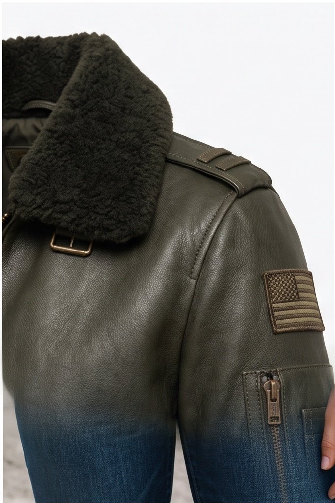 Women's Olive Green Aviator Flight Jacket with Fur Collar - Image 6