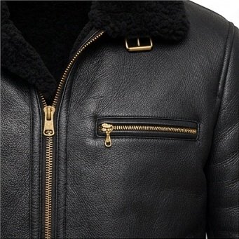 Men's Black Shearling Café Racer Genuine Leather Jacket - Image 4