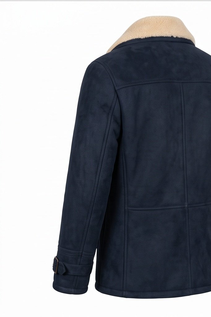 Navy Blue Shearling Lined Double-Breasted Peacoat for Men - Image 3