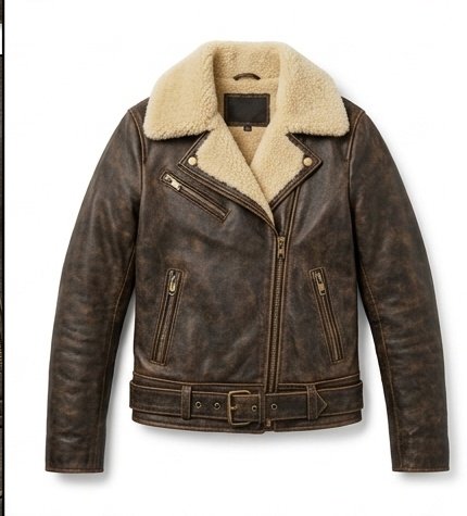 Women's Distressed Brown Shearling Collar Biker Jacket - Image 2