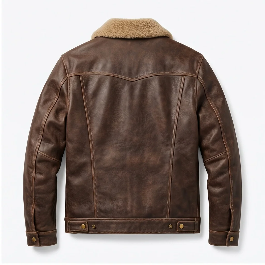 Men's Vintage Brown Shearling Collar Leather Trucker Jacket - Image 2