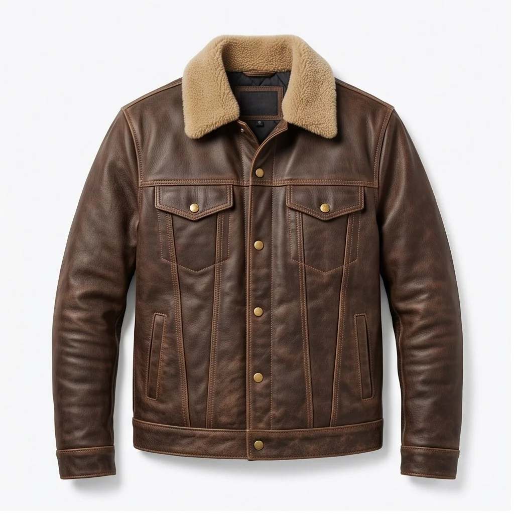 Men's Vintage Brown Shearling Collar Leather Trucker Jacket - Image 3