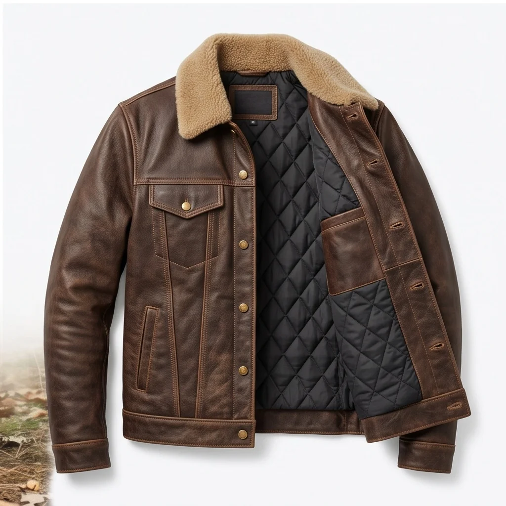 Men's Vintage Brown Shearling Collar Leather Trucker Jacket - Image 4