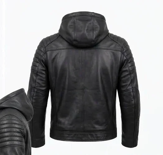 Men's Black Hooded Leather Racing Jacket - Image 3