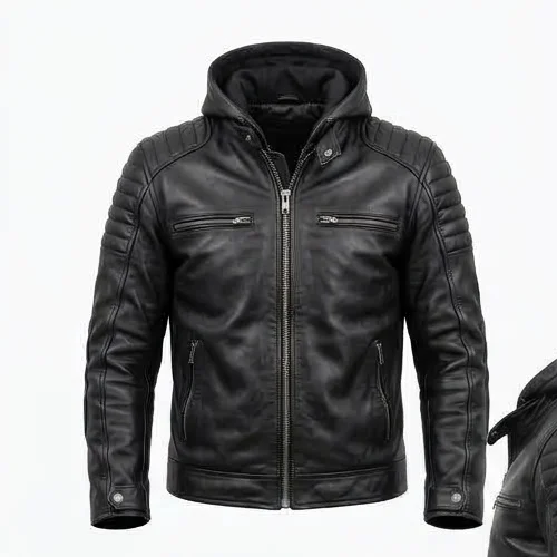 Men's Black Hooded Leather Racing Jacket - Image 2