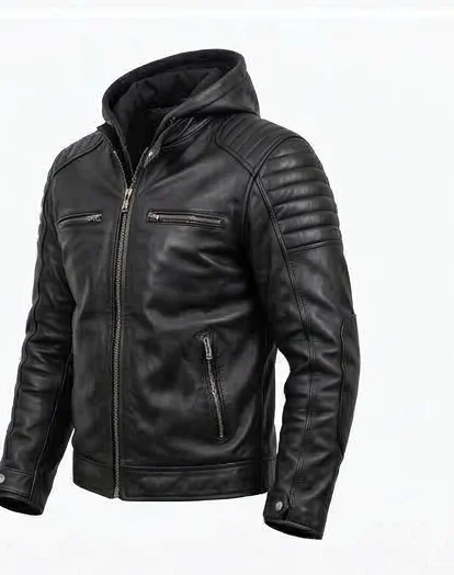 Men's Black Hooded Leather Racing Jacket - Image 6