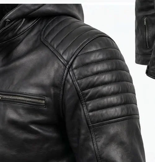 Men's Black Hooded Leather Racing Jacket - Image 5