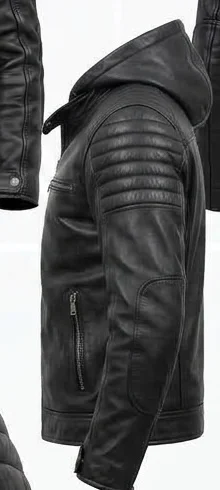 Men's Black Hooded Leather Racing Jacket - Image 4