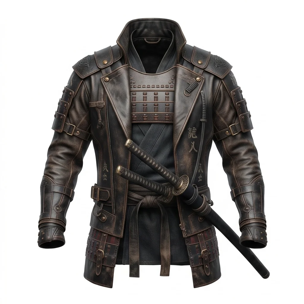 Men's Distressed Brown Cinematic Ronin Warrior Leather Jacket - Image 2