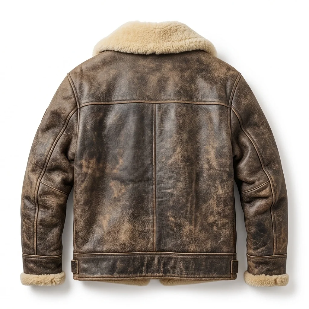 Men's Vintage Distressed Brown Shearling Ranch Leather Jacket - Image 2