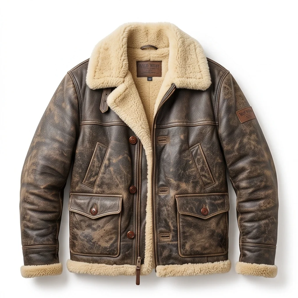 Men's Vintage Distressed Brown Shearling Ranch Leather Jacket - Image 3