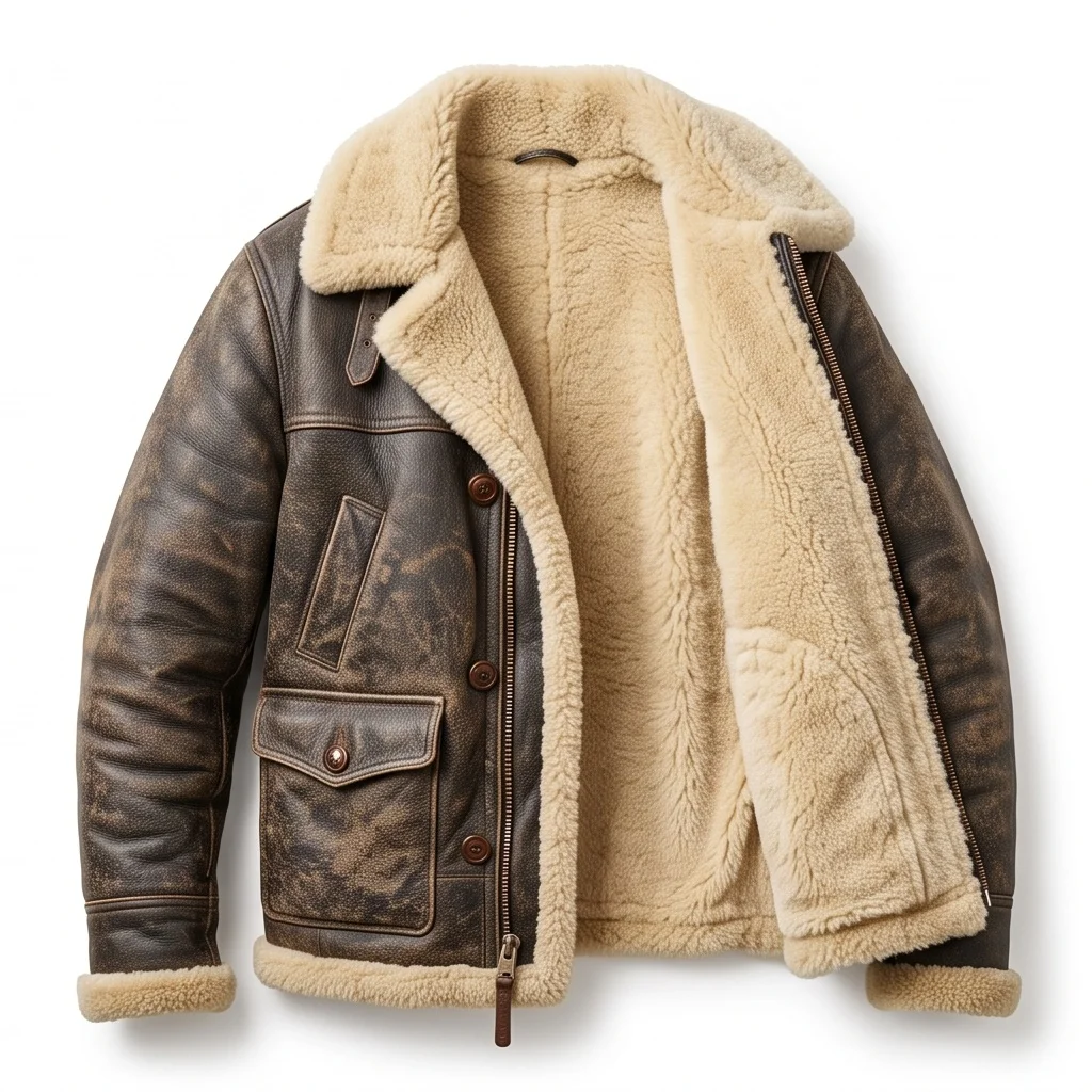 Men's Vintage Distressed Brown Shearling Ranch Leather Jacket - Image 4