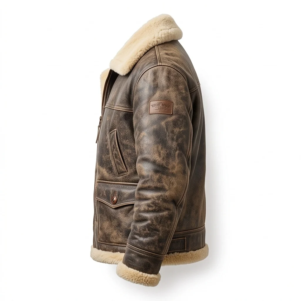 Men's Vintage Distressed Brown Shearling Ranch Leather Jacket - Image 5