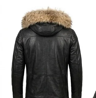 Men’s Black Leather Jacket with Faux Fur Hood - Image 2